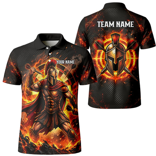 Personalisiertes Dartshirt in Schwarz, Rot und Orange mit spartanischem Krieger, Flammen und Dartscheibe für Herren X1710