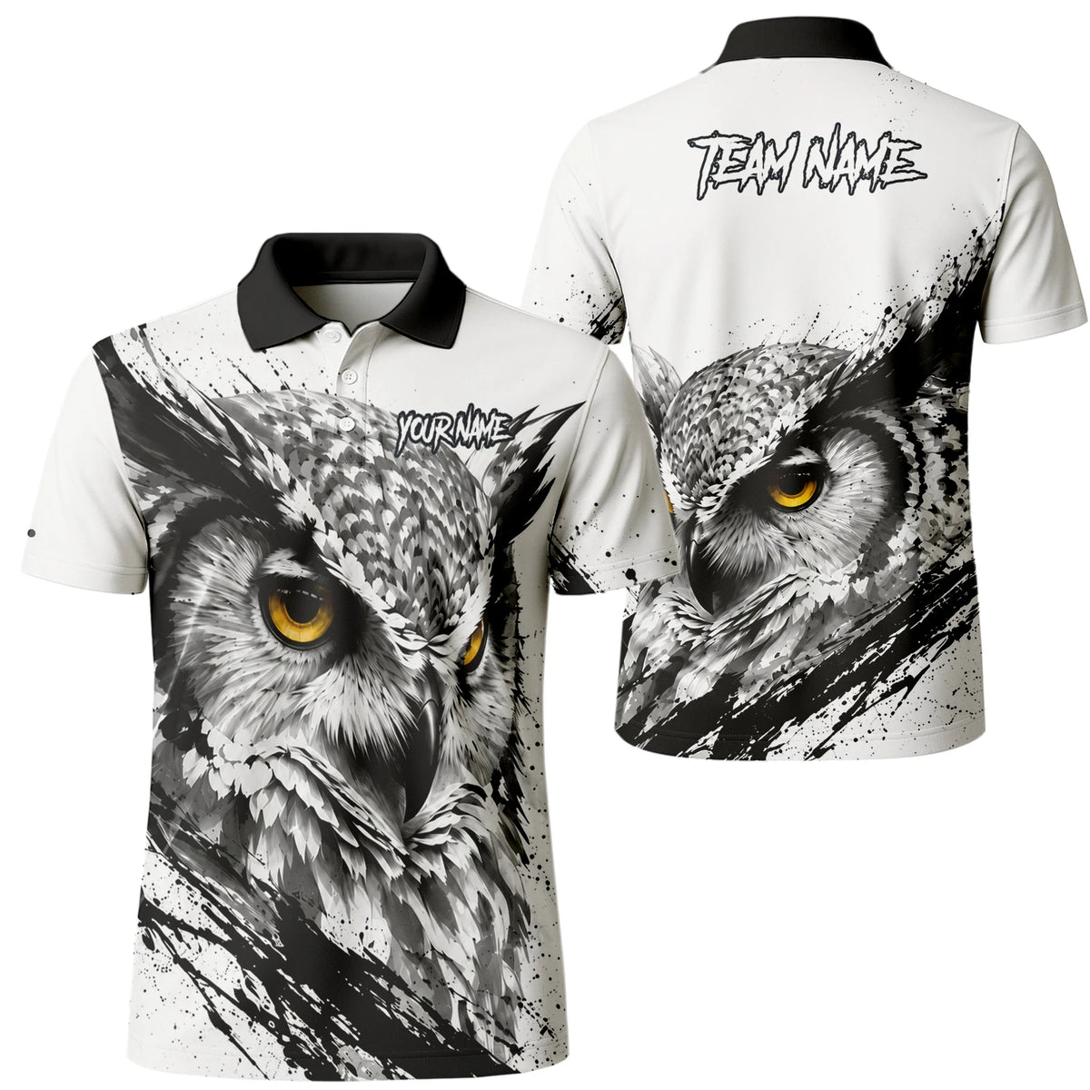 Personalisiertes Dartshirt mit weiß-schwarz-gelber Eule für Herren P128
