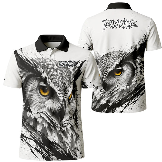 Personalisiertes Dartshirt mit weiß-schwarz-gelber Eule für Herren P128