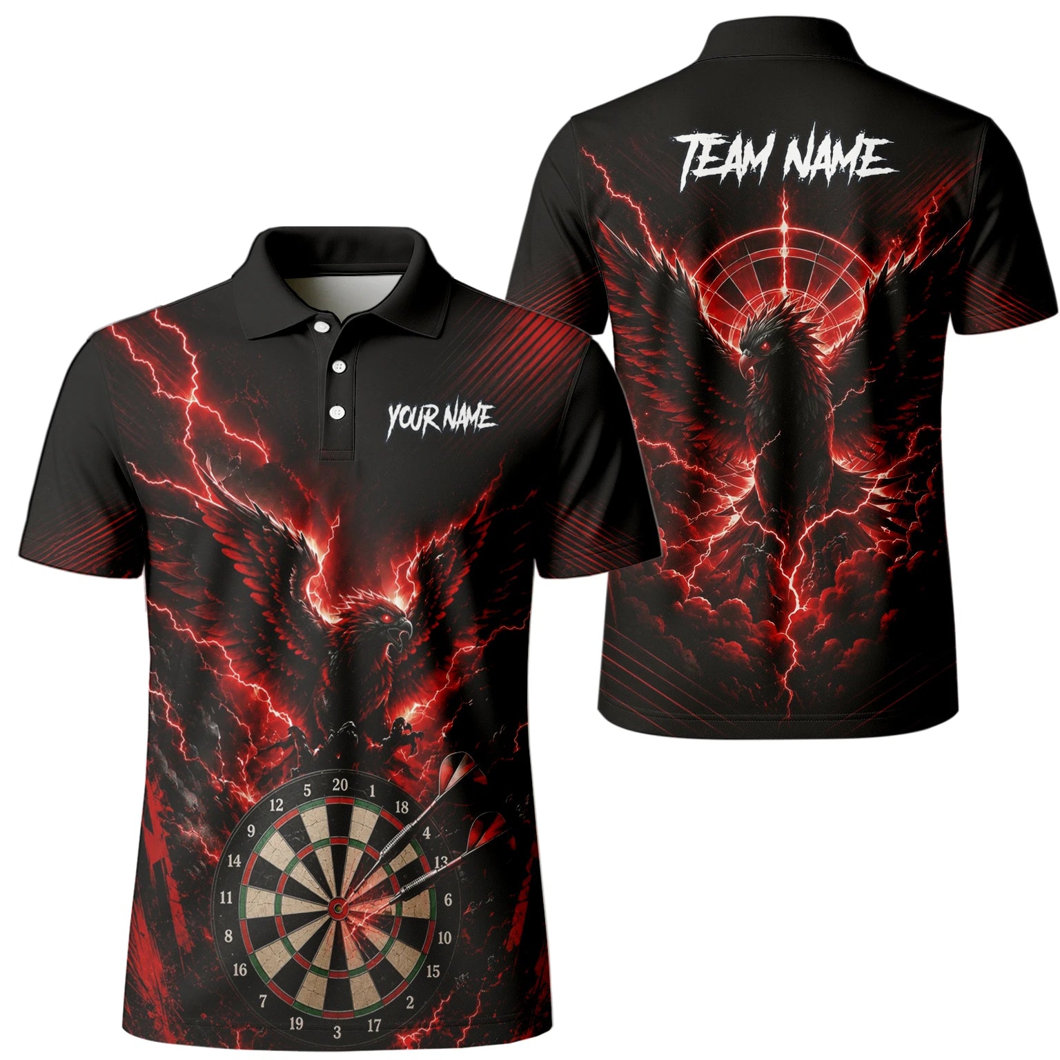 Personalisiertes Schwarz-rotes Phönix-Blitz-Dartboard Dartshirt für Herren J120