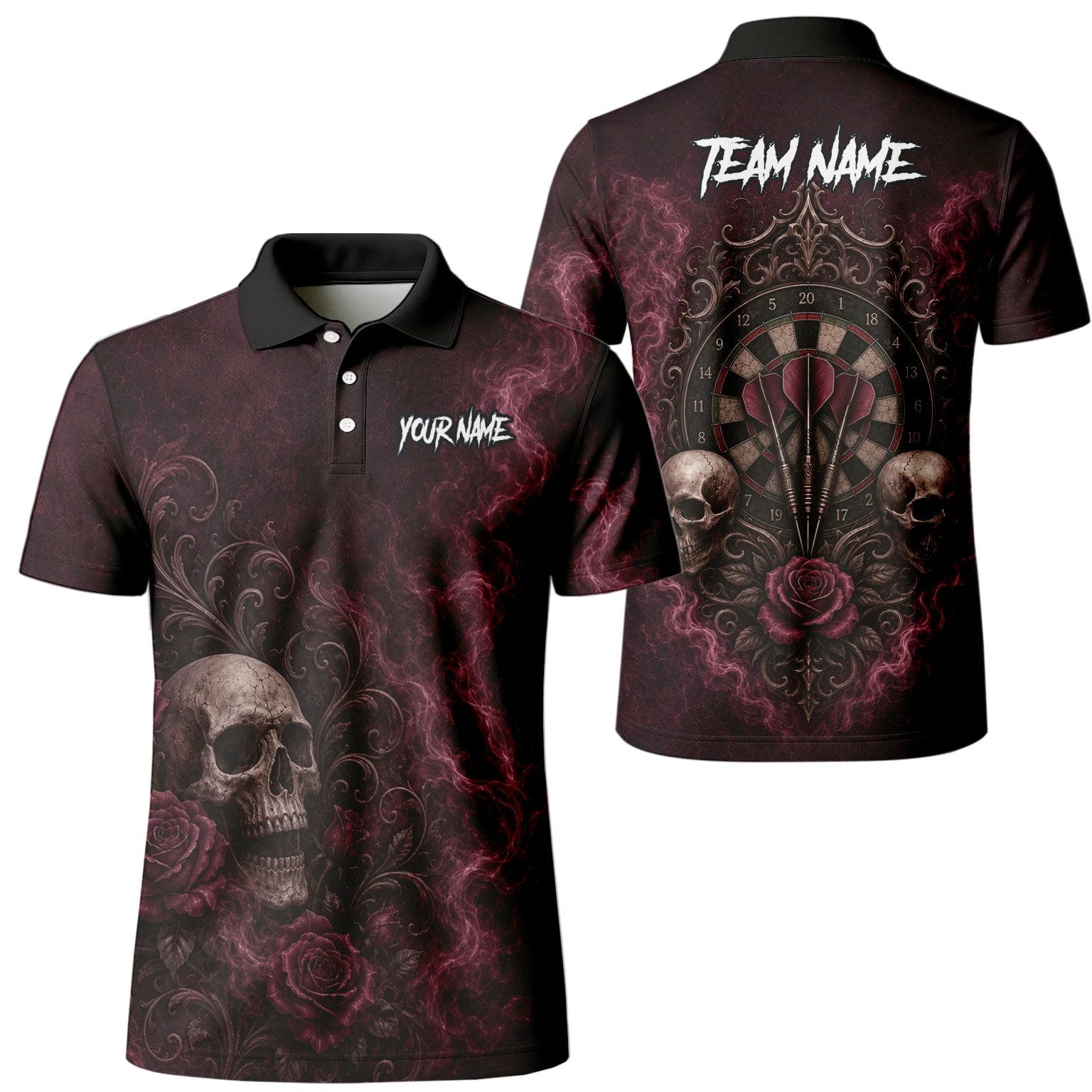 Personalisiertes Dunkelrot-schwarzes Totenkopf-Rosen-Dartshirt für Herren U786