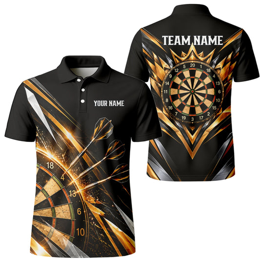 Personalisiertes Dartshirt in Schwarz, Gold und Weiß mit geometrischen Linien, Dartpfeilen, Krone und Dartscheibe für Herren V3775