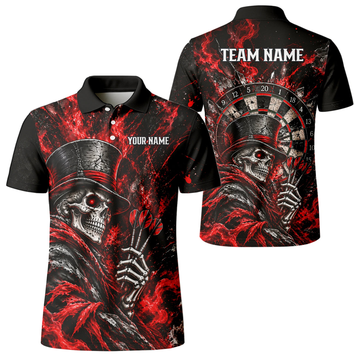 Personalisiertes Dartshirt in Schwarz und Rot mit Skelett, Zylinder, Dartpfeilen und Dartscheibe für Herren R5016