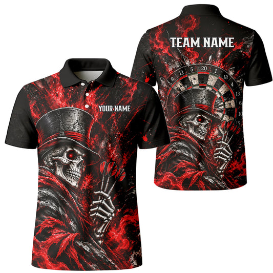 Personalisiertes Dartshirt in Schwarz und Rot mit Skelett, Zylinder, Dartpfeilen und Dartscheibe für Herren R5016
