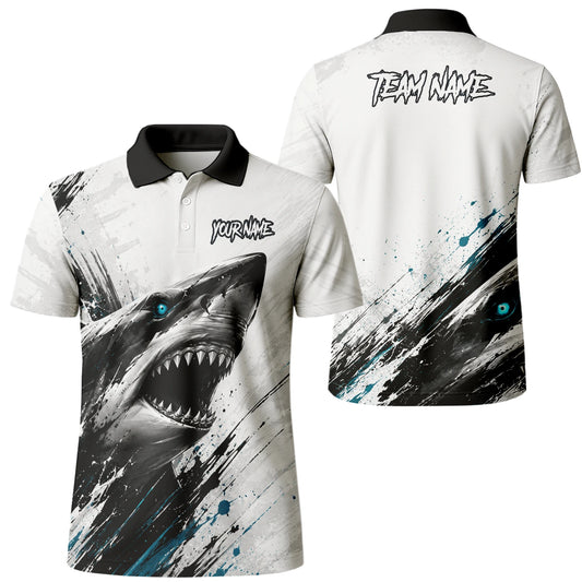 Personalisiertes Dartshirt mit weiß-schwarz-türkisem Hai für Herren D067