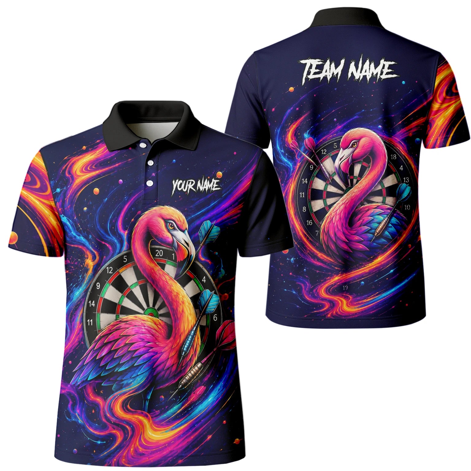 Personalisiertes Neon-Flamingo-Galaxie Dart Poloshirt für Herren D064