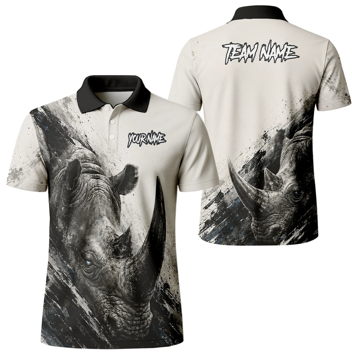 Personalisiertes Dartshirt mit weiß-schwarz-grauem Nashorn für Herren C312