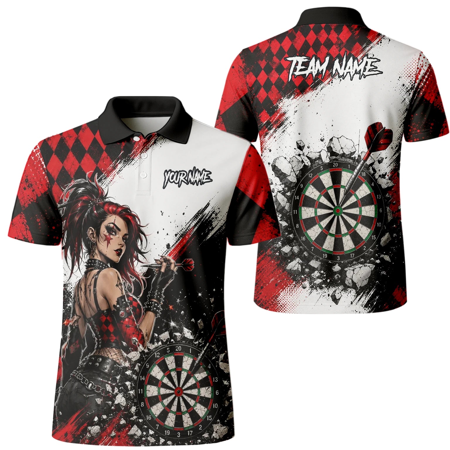 Personalisiertes Rot-schwarzes Gothic-Harlekin Dart Poloshirt für Herren K572