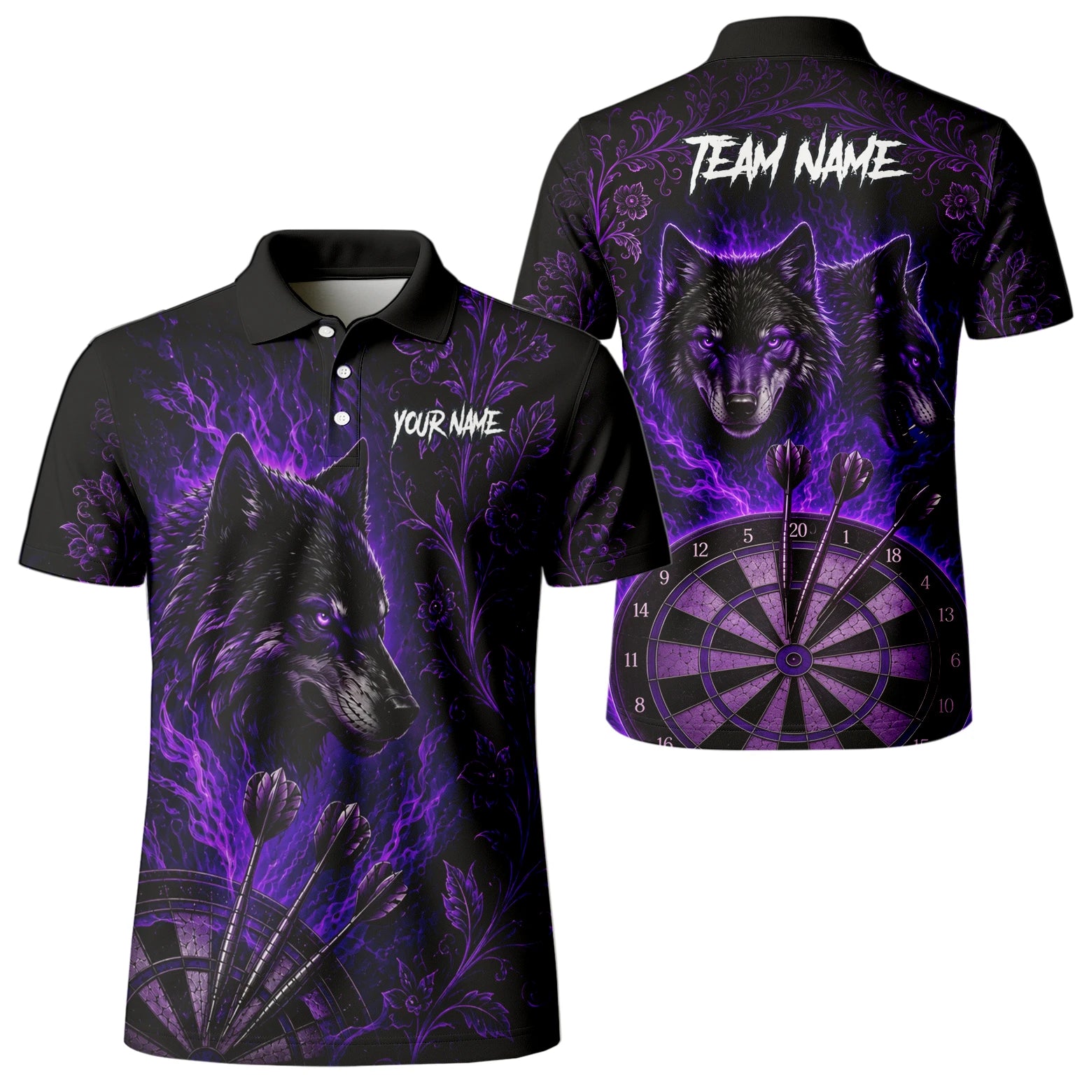 Personalisiertes Schwarz-lila Wolf-Dartboard Dartshirt für Herren J133