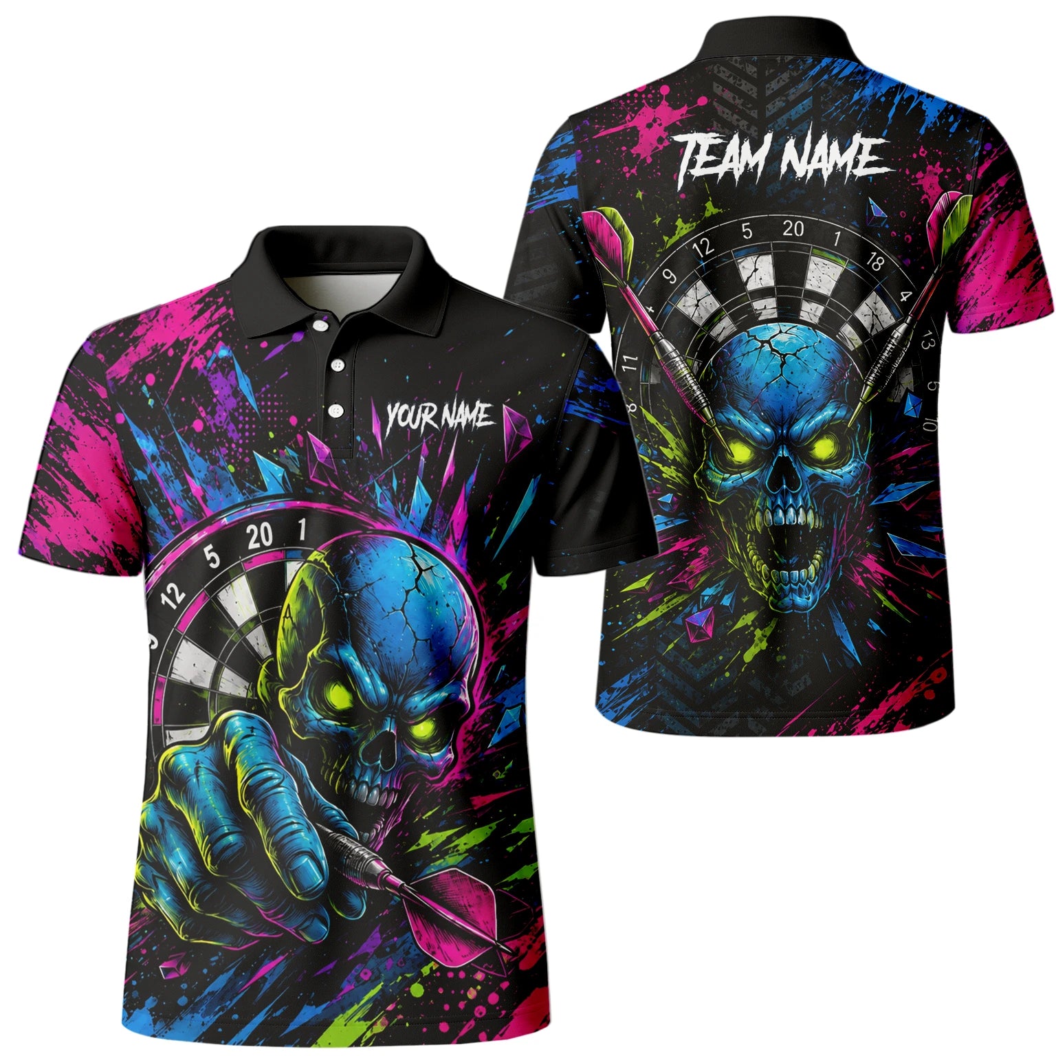Personalisiertes Neonfarbenes Totenkopf-Dartboard Dartshirt für Herren S232