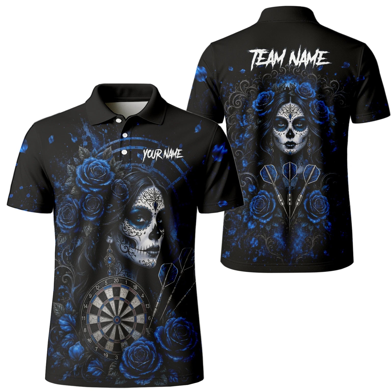 Personalisiertes Schwarz-blaues Sugar-Skull-Rosen-Dartshirt für Herren I884