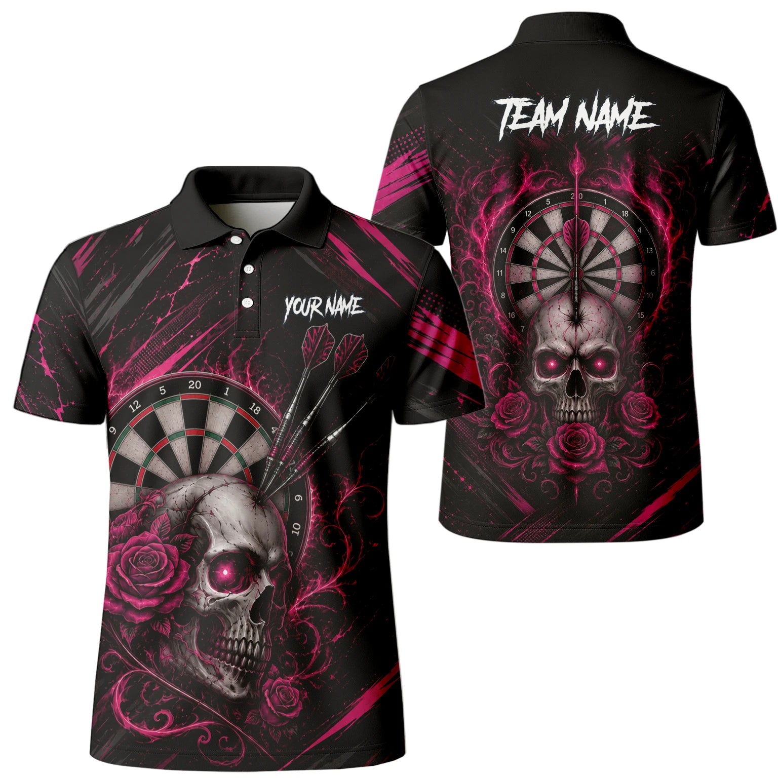 Personalisiertes Schwarz-pink Totenkopf-und-Rosen-Dartshirt für Herren V308