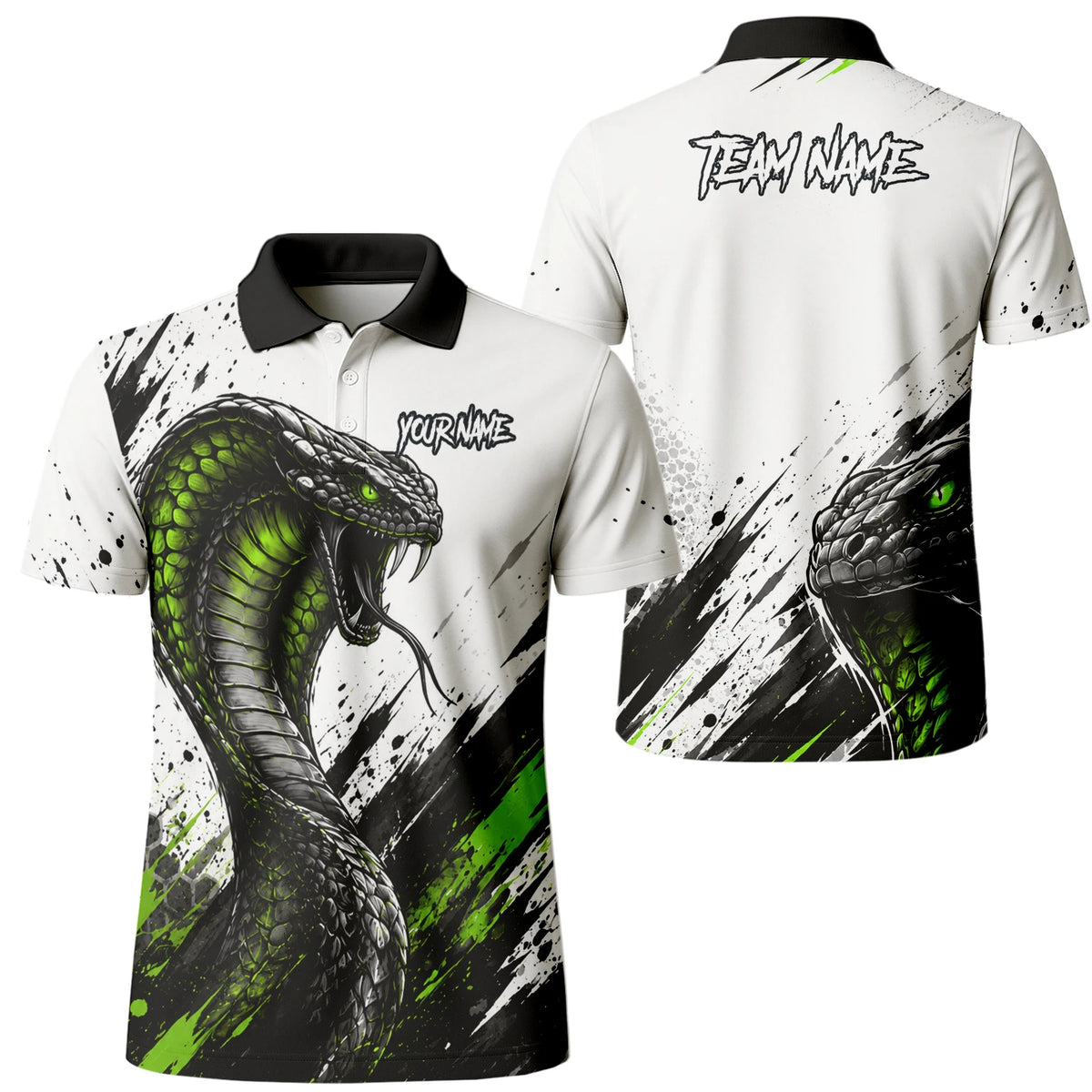 Personalisiertes Dartshirt mit weiß-schwarz-grüner Kobra für Herren Y070