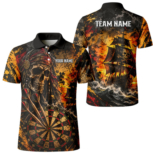Personalisiertes Dartshirt in Schwarz und Gold mit Piraten-Totenkopf, Segelschiff und Dartscheibe für Herren N7943