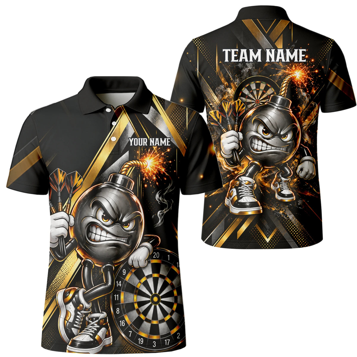Personalisiertes Dartshirt in Schwarz und Gold mit wütender Comic-Bombe, Pokal und Dartscheibe für Herren R0150
