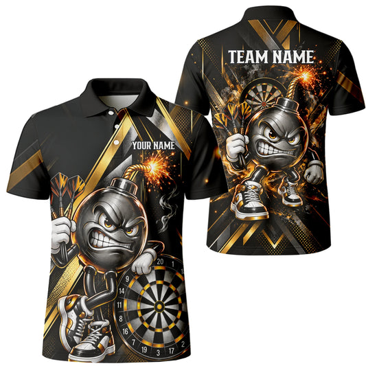 Personalisiertes Dartshirt in Schwarz und Gold mit wütender Comic-Bombe, Pokal und Dartscheibe für Herren R0150