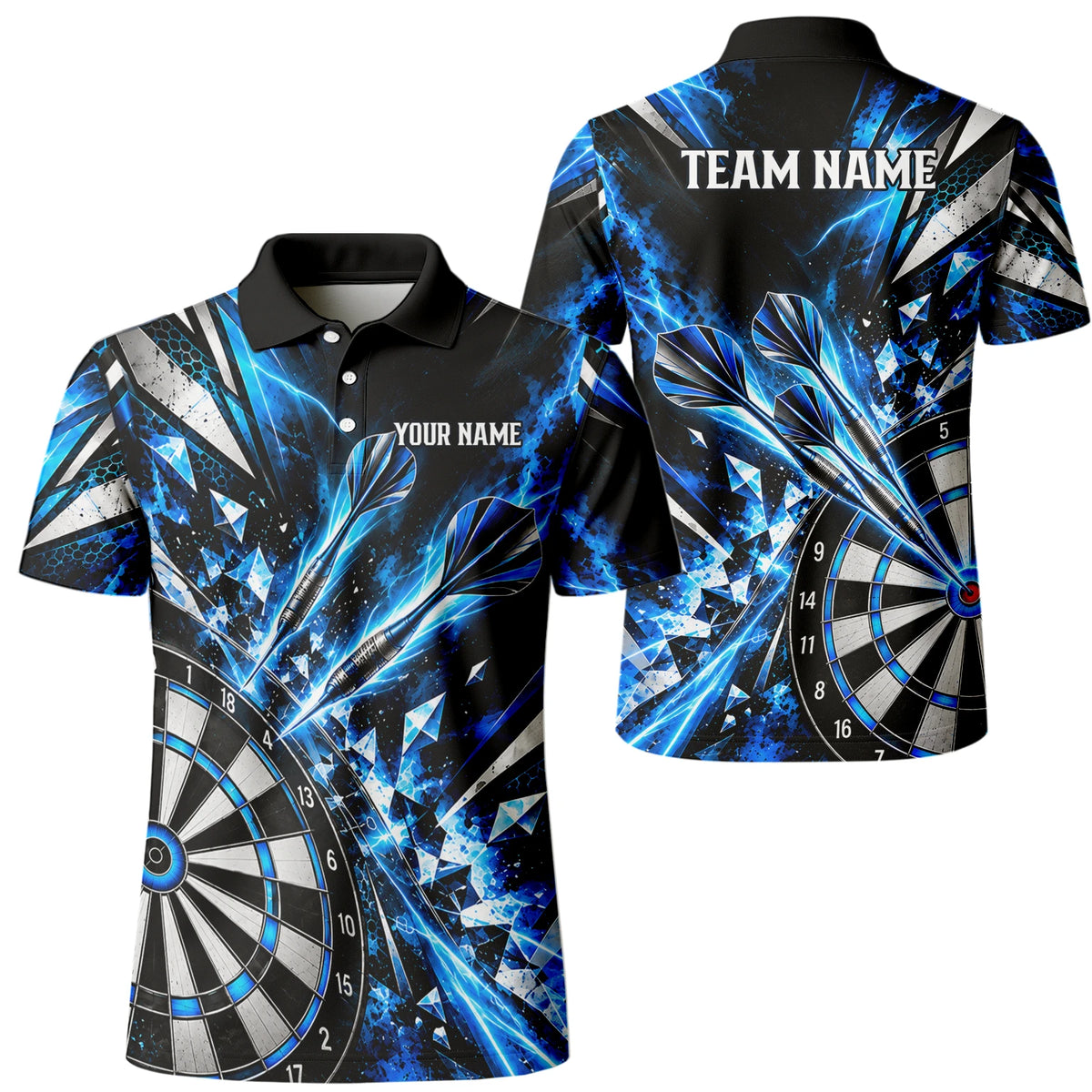 Personalisiertes Dartshirt in Schwarz, Blau und Silber mit geometrischen Splittern, Dartpfeilen und Dartscheibe für Herren N0176