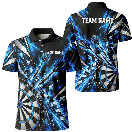 Personalisiertes Dartshirt in Schwarz, Blau und Silber mit geometrischen Splittern, Dartpfeilen und Dartscheibe für Herren N0176