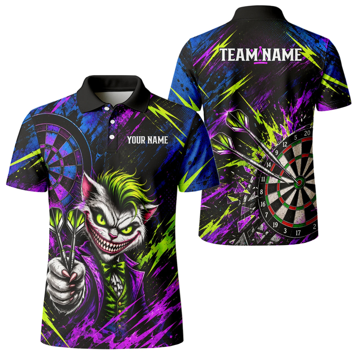 Personalisiertes Dartshirt in Schwarz, Grün und Lila mit grinsender Katze und Dartscheibe für Herren U0497