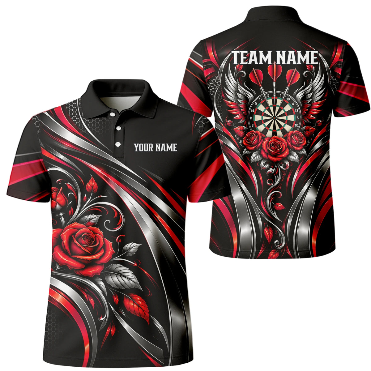 Personalisiertes Dartshirt in Schwarz, Rot und Silber mit Rosen, Flügeln und Dartscheibe für Herren Y2535
