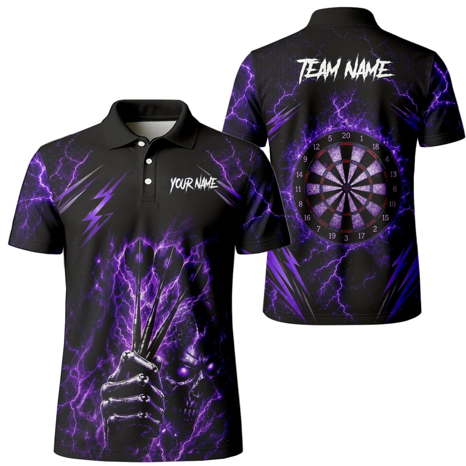 Personalisiertes Schwarz-lila Skeletthand-Dartshirt für Herren H822