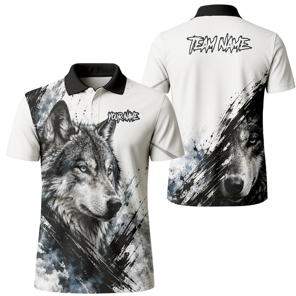 Personalisiertes Dartshirt mit weiß-schwarz-blauem Wolf für Herren P634