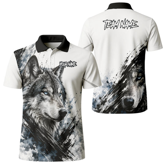 Personalisiertes Dartshirt mit weiß-schwarz-blauem Wolf für Herren P634