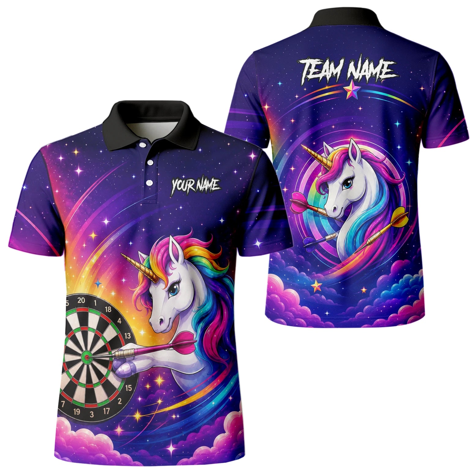 Personalisiertes Violettes Regenbogen-Einhorn-Dartshirt für Herren P431