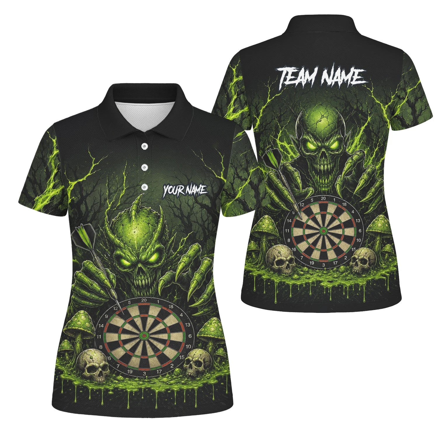 Personalisiertes Schwarz-grünes Monster-Totenkopf-Dartboard Dartshirt für Damen A277