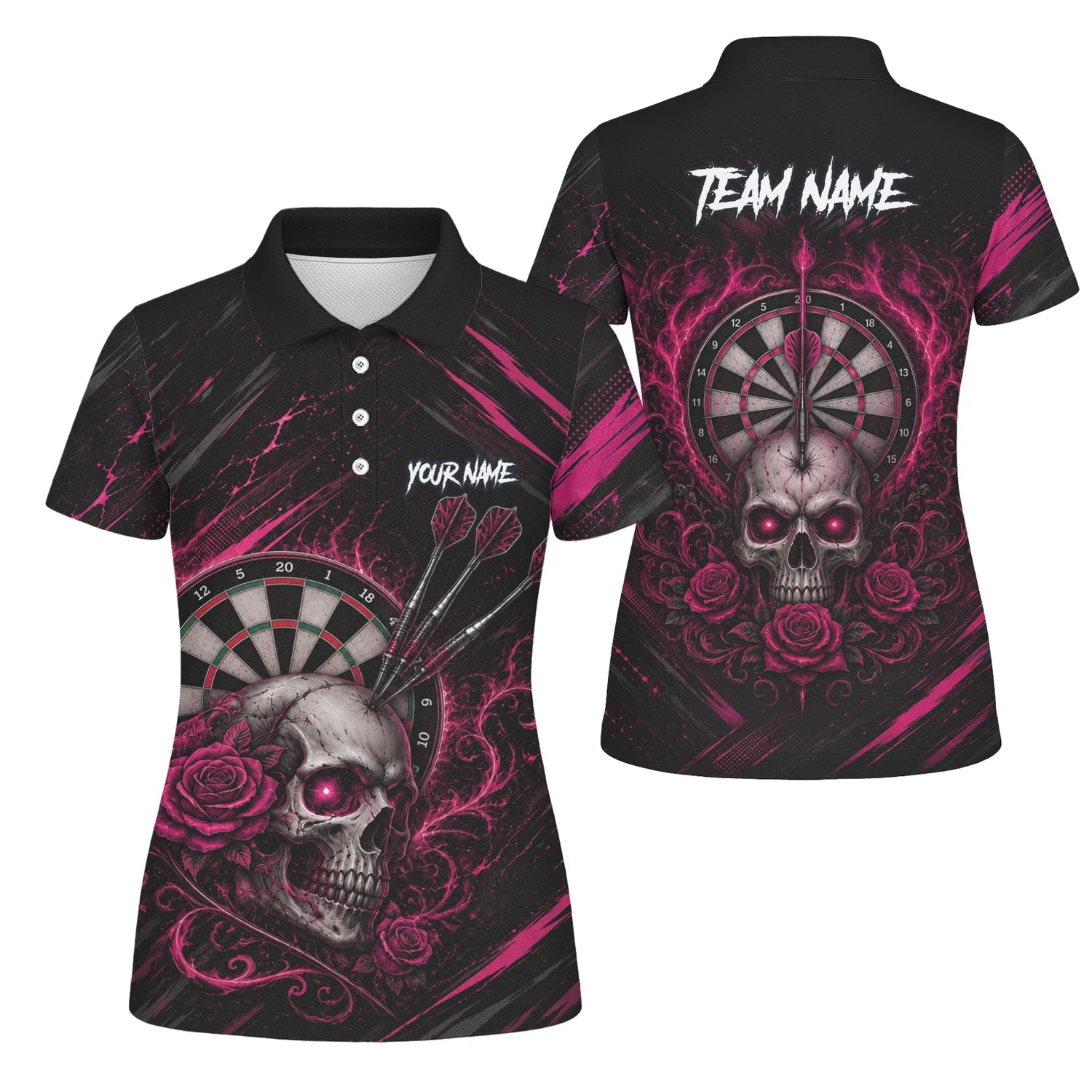 Personalisiertes Schwarz-pink Totenkopf-und-Rosen-Dartshirt für Damen V308