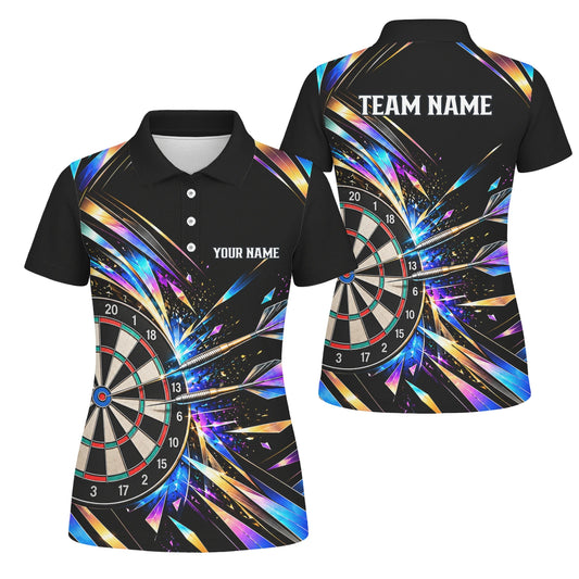 Personalisiertes Dartshirt in Schwarz mit bunten geometrischen Splittern und Dartscheibe für Damen L2897
