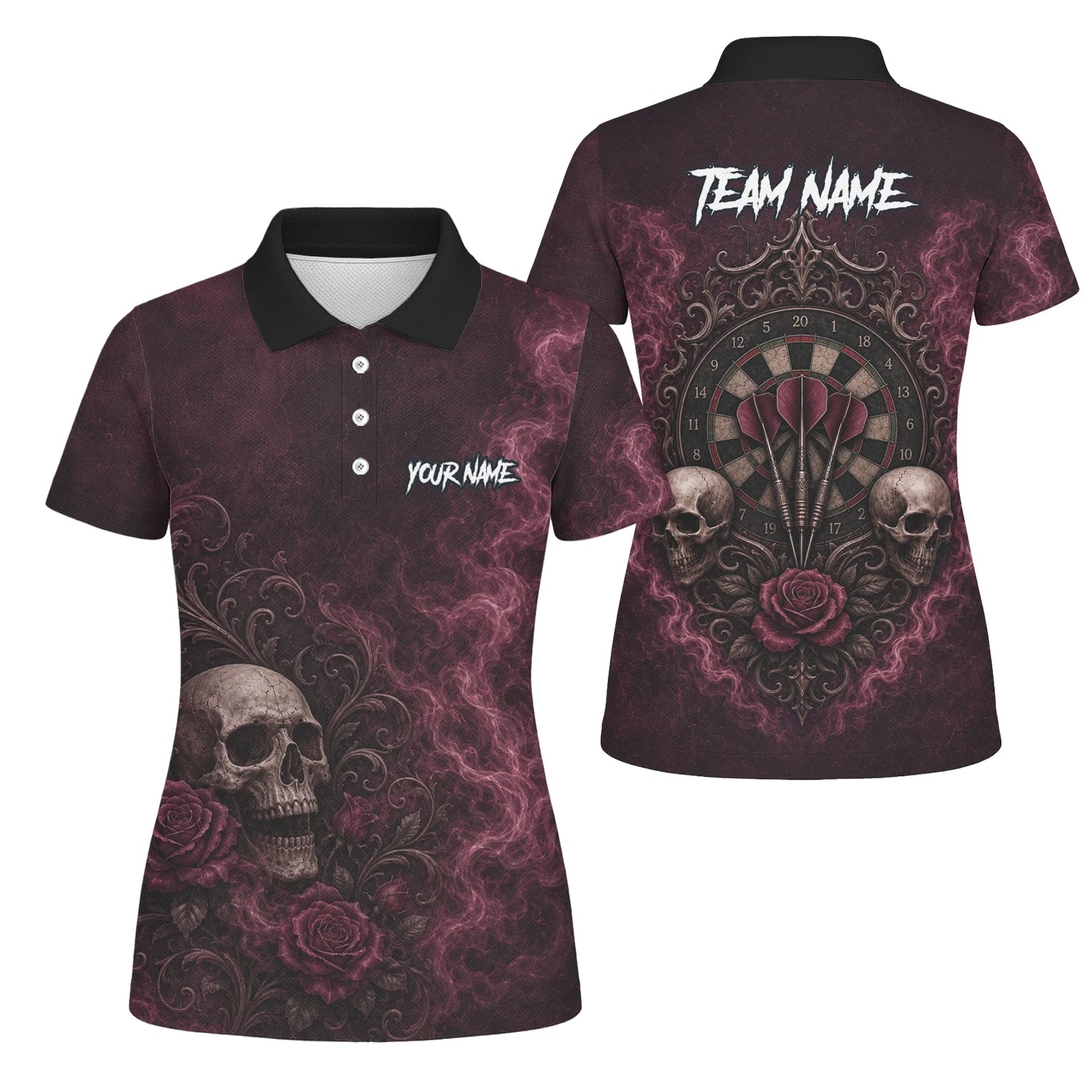 Personalisiertes Dunkelrot-schwarzes Totenkopf-Rosen-Dartshirt für Damen U786