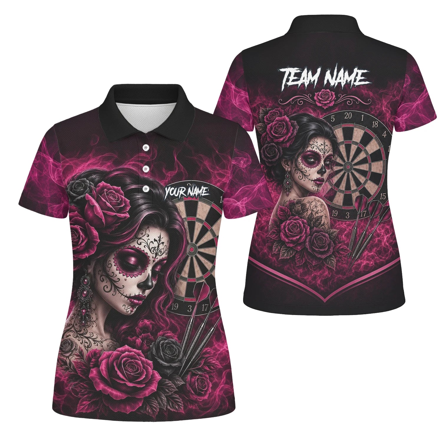 Personalisiertes Schwarz-pink Sugar-Skull-Rosen-Dartshirt für Damen Z109