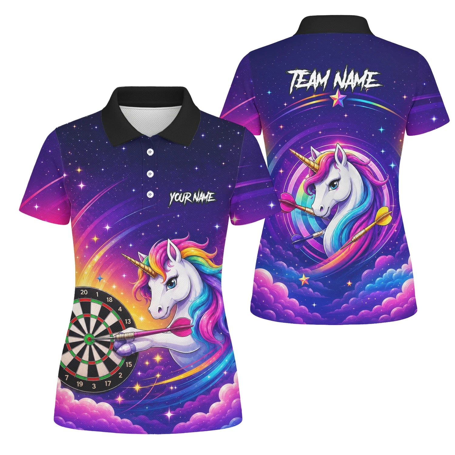 Personalisiertes Violettes Regenbogen-Einhorn-Dartshirt für Damen P431