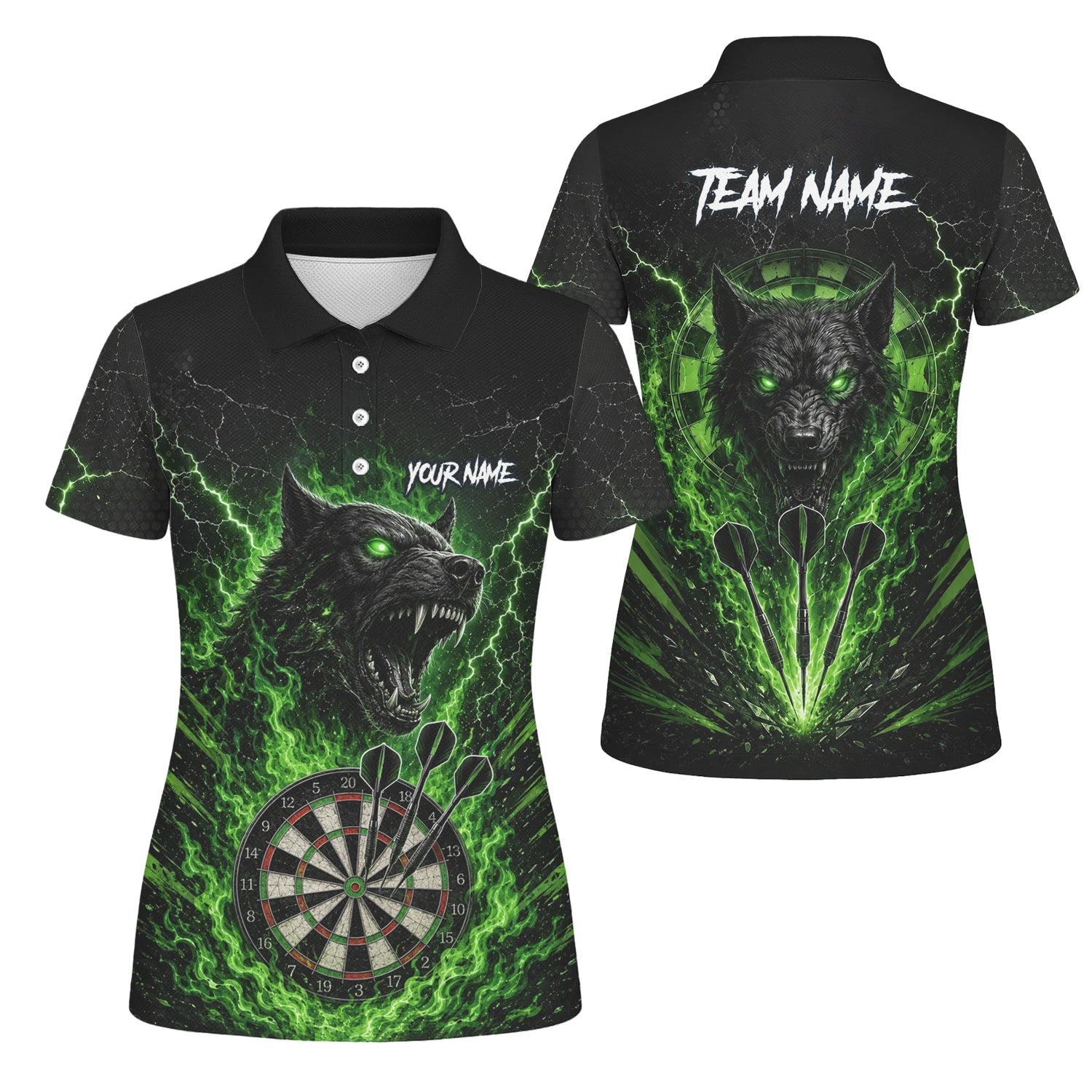Personalisiertes Schwarz-grünes Wolf-Dartboard Dartshirt für Damen F303