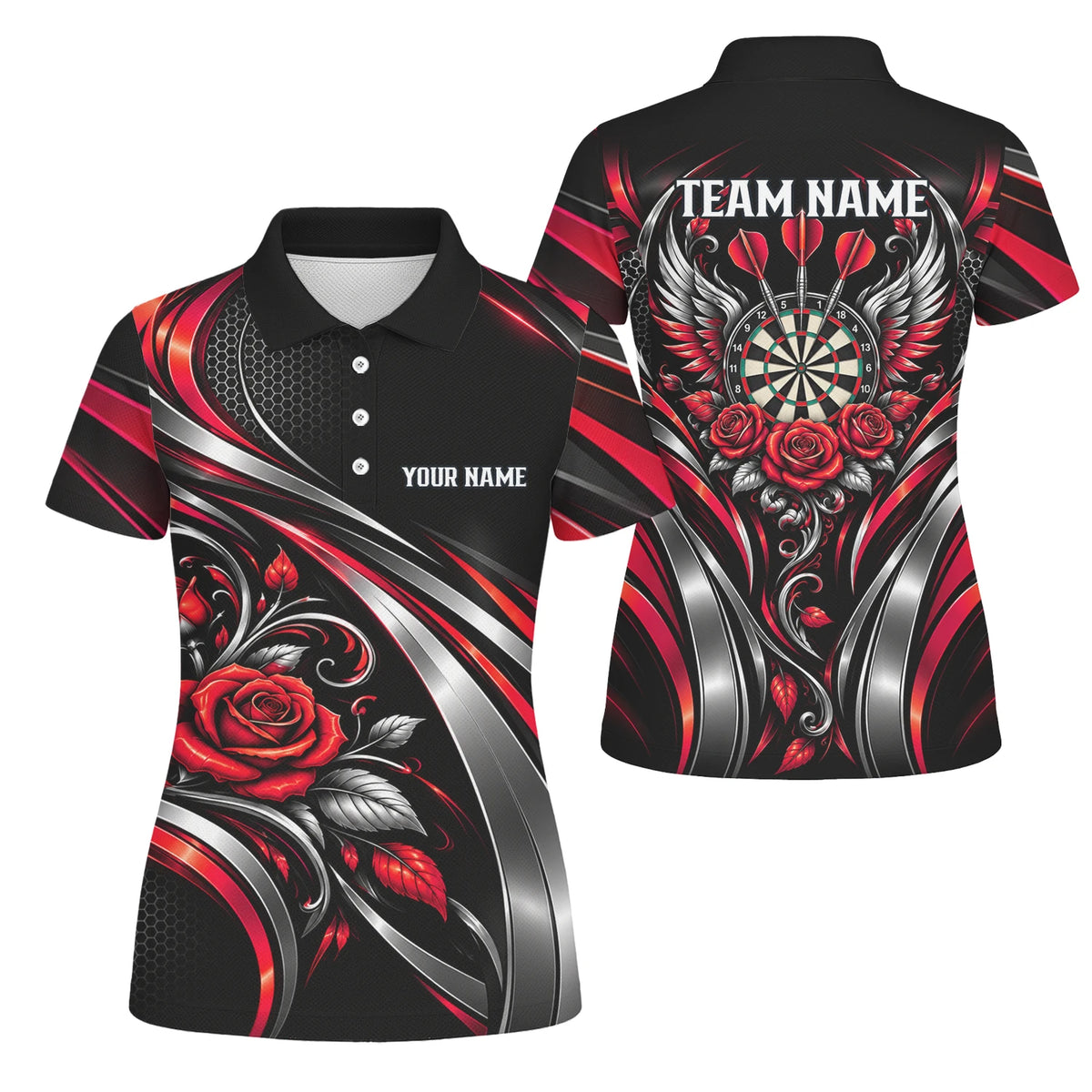 Personalisiertes Dartshirt in Schwarz, Rot und Silber mit Rosen, Flügeln und Dartscheibe für Damen Y2535