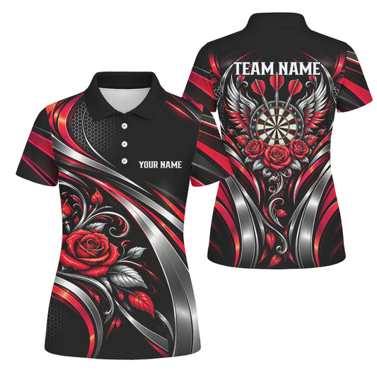 Personalisiertes Dartshirt in Schwarz, Rot und Silber mit Rosen, Flügeln und Dartscheibe für Damen Y2535