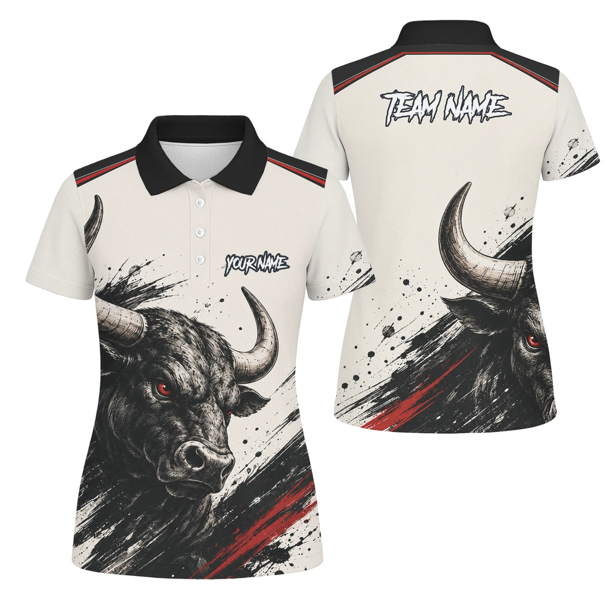 Personalisiertes Dartshirt mit weiß-schwarz-rotem Bullen für Damen H473