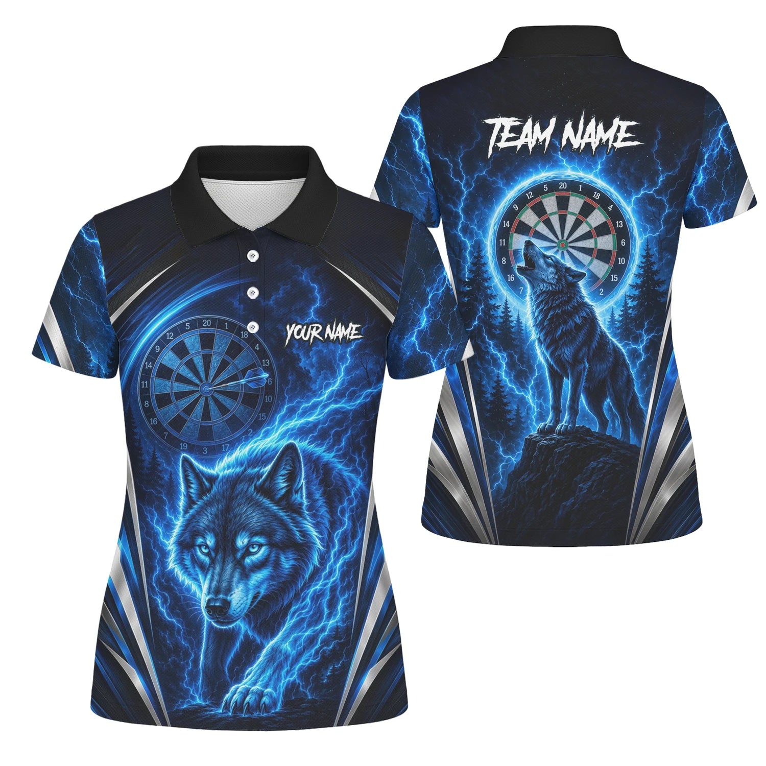 Personalisiertes Schwarz-blaues Wolf-Blitz-Dartshirt für Damen X929