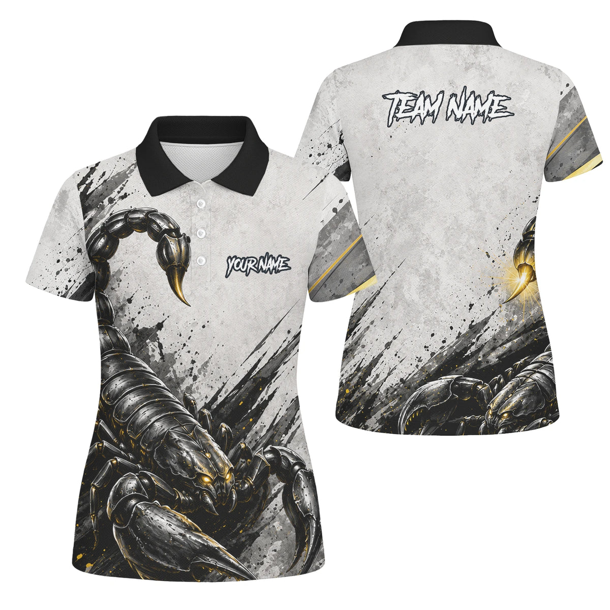 Personalisiertes Dartshirt mit weiß-schwarz-goldenem Skorpion für Damen S226