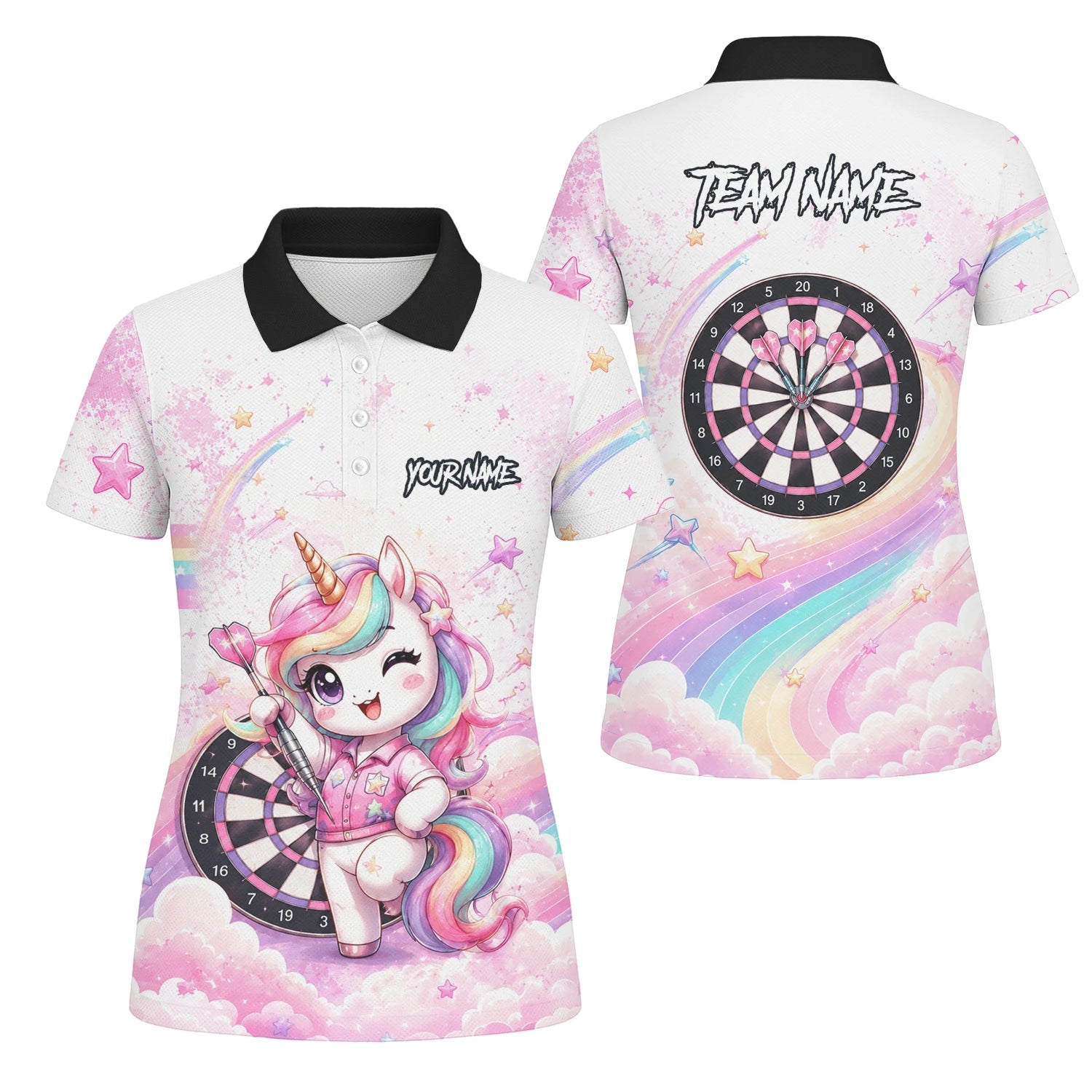 Personalisiertes Weiß-rosa Regenbogen-Einhorn-Dartshirt für Damen F188