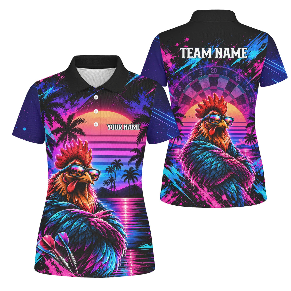 Personalisiertes Dartshirt in Pink, Lila und Blau mit Hahn, Palmen, Sonnenuntergang und Dartscheibe für Damen Q6611
