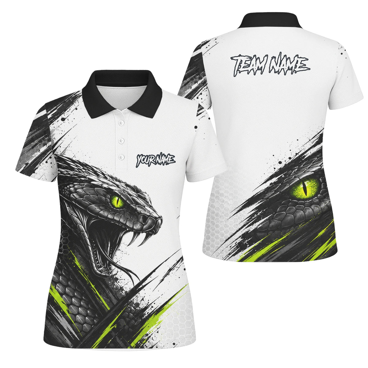 Personalisiertes Dartshirt mit weiß-schwarz-grüner Kobra für Damen I051