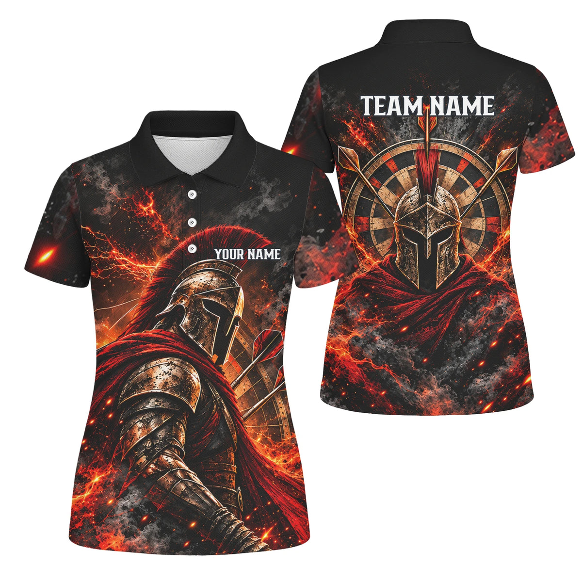 Personalisiertes Dartshirt in Schwarz, Rot und Orange mit Spartanerhelm, Flammen und Dartscheibe für Damen Z3444