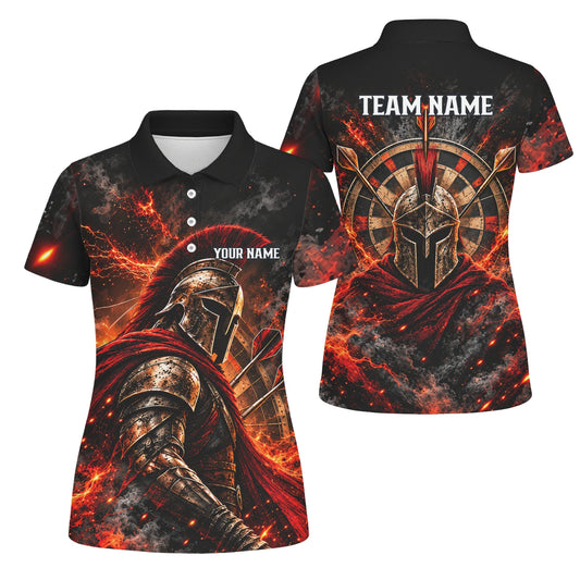 Personalisiertes Dartshirt in Schwarz, Rot und Orange mit Spartanerhelm, Flammen und Dartscheibe für Damen Z3444