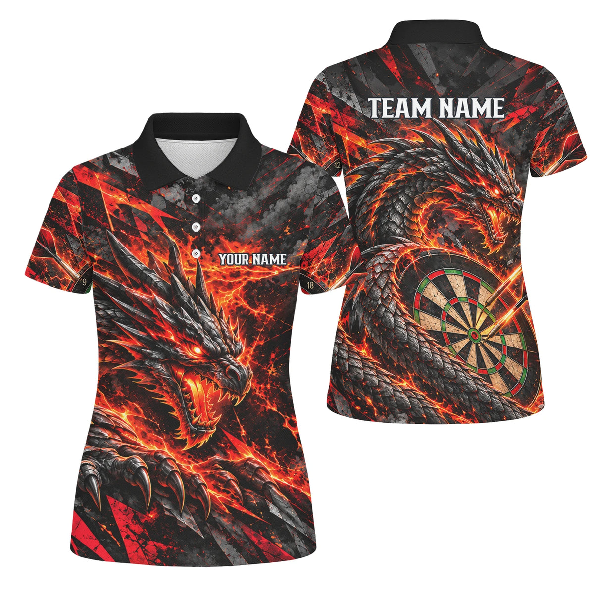 Personalisiertes Dartshirt mit schwarz-rotem Feuerdrachen und Dartscheibe für Damen B0683
