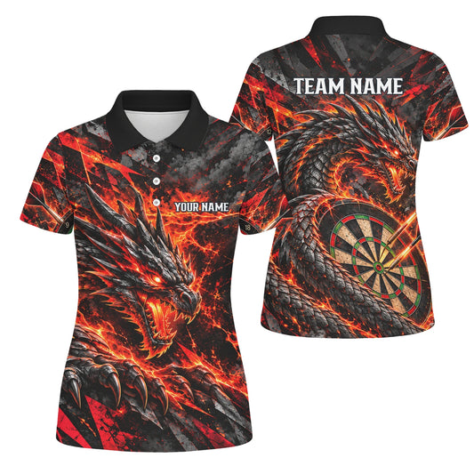 Personalisiertes Dartshirt mit schwarz-rotem Feuerdrachen und Dartscheibe für Damen B0683