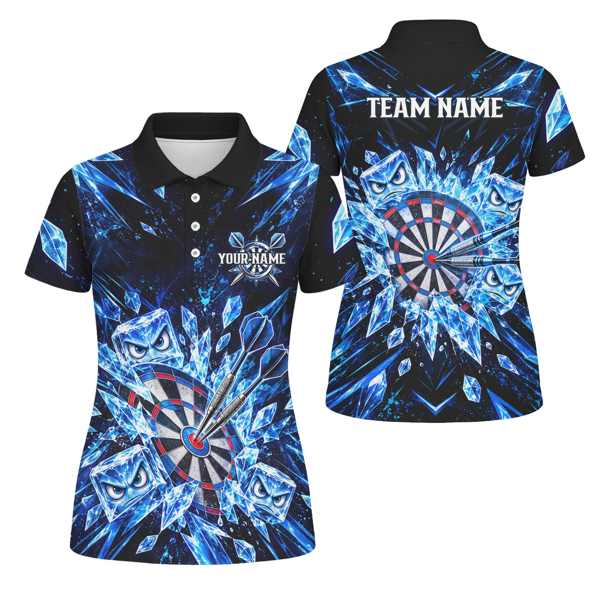 Personalisiertes Dartshirt in Schwarz und Blau mit Eiskristallen, Dartpfeilen und Dartscheibe für Damen X5114