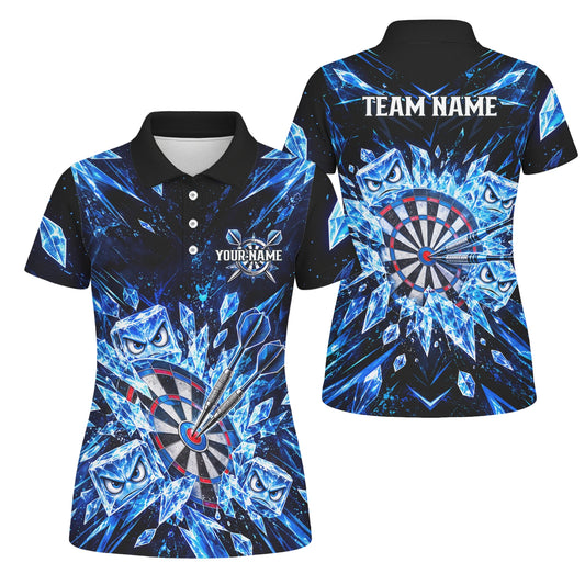 Personalisiertes Dartshirt in Schwarz und Blau mit Eiskristallen, Dartpfeilen und Dartscheibe für Damen X5114