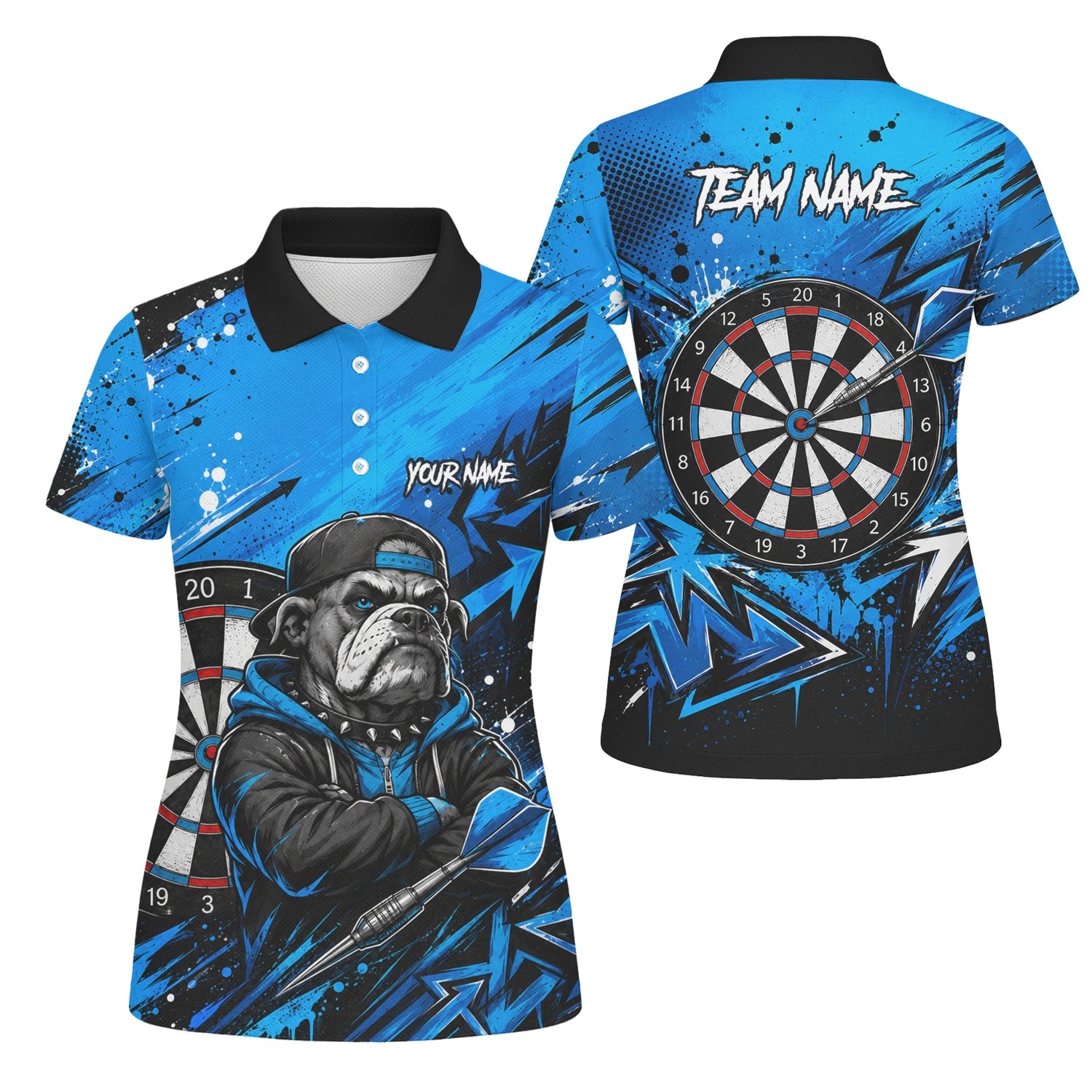 Personalisiertes Blau-schwarzes Bulldoggen-Dartshirt für Damen D529